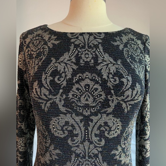 Jessica Howard Stretch Knit Silver Lurex Damask Design dress S/M - Picture 2 of 8